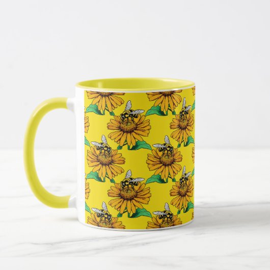 Mug Bee on Sunflower Flower Pattern Design Yellow  (Gauche)
