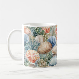 Mug Beige Blue Sea Shells Beach Design en Aquarelle