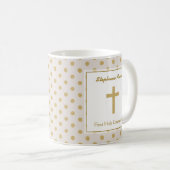 Mug Beige de communion avec le pois d'or (Devant droit)