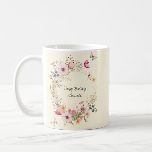 Mug Belle couronne florale et papillons Anniversaire (Gauche)