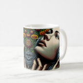 Mug Belle femme avec casque dans les tournesols (Devant droit)