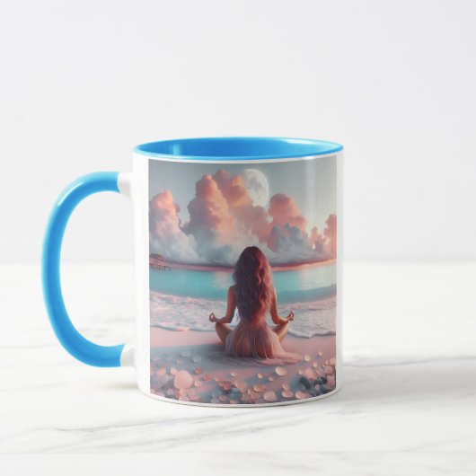 Mug Belle femme méditant sur la plage vierge (Gauche)
