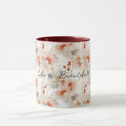 Mug Belle Pêche Feminine Rouge Blanc Floral (Centre)