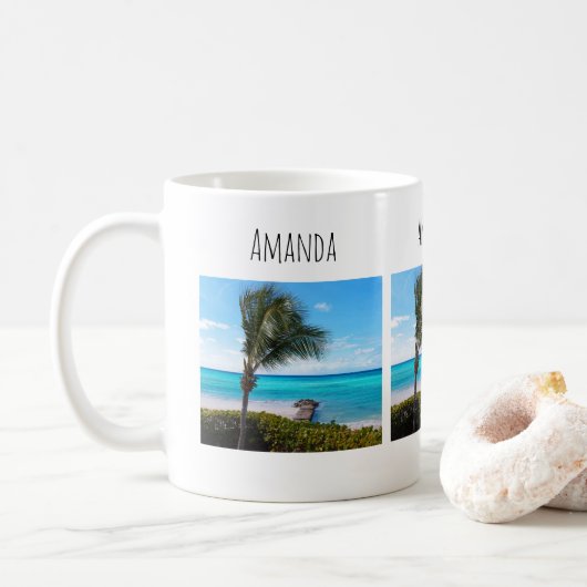 Mug Belle plage tropicale, palmier venteux (Avec donut)