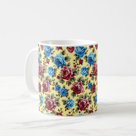 Mug Belle Romantique Printemps Rouge Bleu Fleurs Fille (Devant gauche)