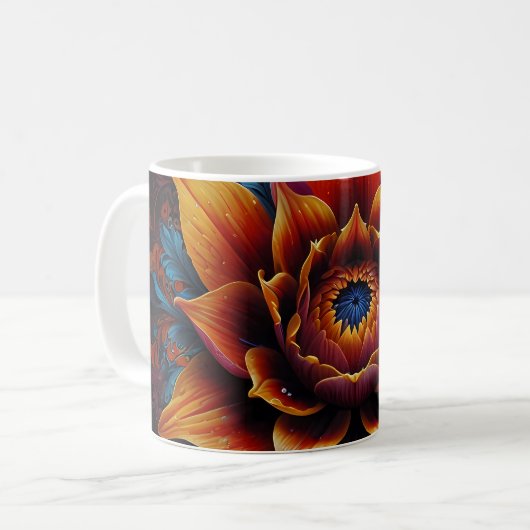Mug Belle tête de fleur avec pétales orange et bleu (Devant gauche)