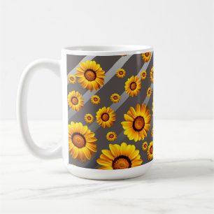 Mug Belles fleurs jaunes sur gris, rayures argentées