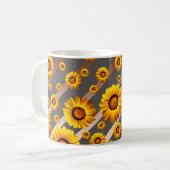 Mug Belles fleurs jaunes sur gris, rayures marron (Devant gauche)