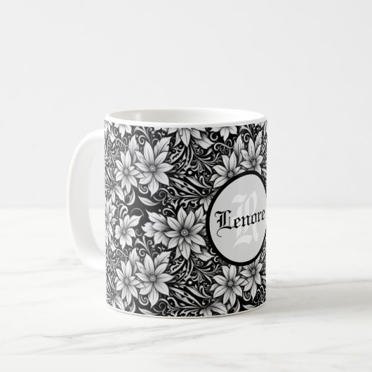 Mug Belles fleurs noires et argentées (Devant gauche)