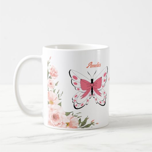 Mug Belles fleurs roses Papillons Nom Monogramme (Gauche)