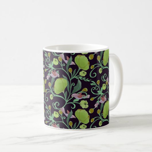 Mug Belles fleurs vertes, vignes et oiseaux roses (Devant droit)