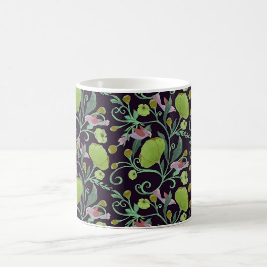Mug Belles fleurs vertes, vignes et oiseaux roses (Centre)