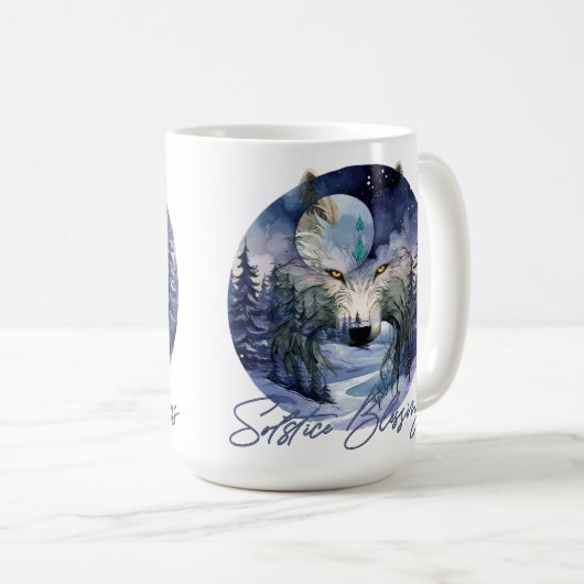 Mug Bénédiction solstice Wolf d'hiver Moonlight Woods (Devant droit)