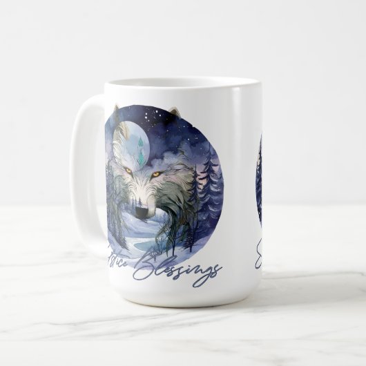 Mug Bénédiction solstice Wolf d'hiver Moonlight Woods (Devant gauche)