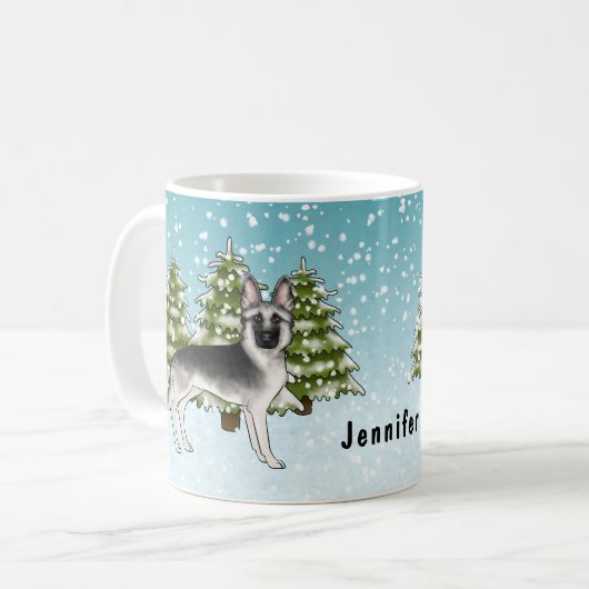 Mug Berger Allemand Argent Forêt d'hiver Nom (Devant gauche)