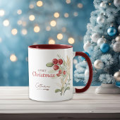 Mug Berries rouges Vert Élégant Nom Noël