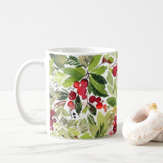Mug Berry Holly Festive et aquarelle À feuillage persi (Avec donut)