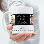 Mug Best grand-père personnalisé photo collage noir bl<br><div class="desc">Faites votre propre collage photo de famille unique. Utilisez quatre, quatre de vos photos préférées de votre grand-père, de ses enfants, petits-enfants, de votre famille, de vos amis ou de votre animal de compagnie! Avec le texte : Meilleur grand-père du monde. Personnalisez et ajoutez vos noms. Arrière - plan noir...</div>