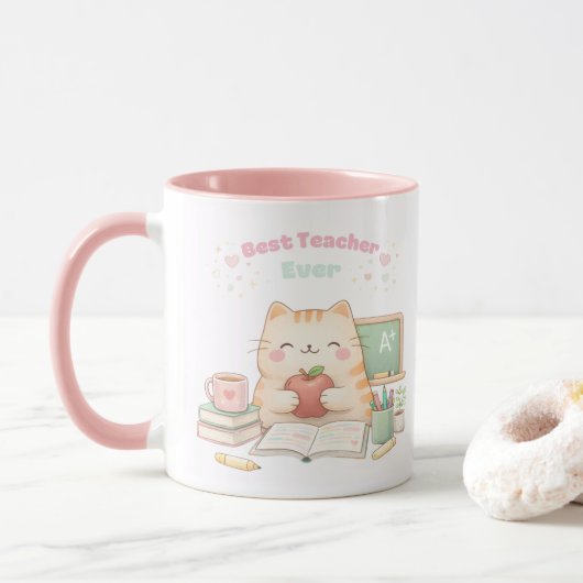 Mug Best Teacher Ever Cute Kawaii Kitty Cat Sweet Pink (Avec donut)