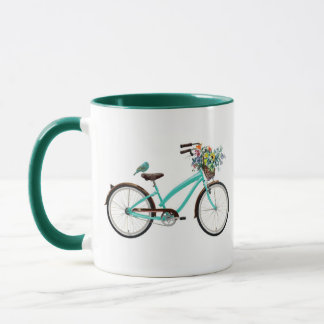 Mug Bicycle With Bird and Flower Basket Turquoise Blue