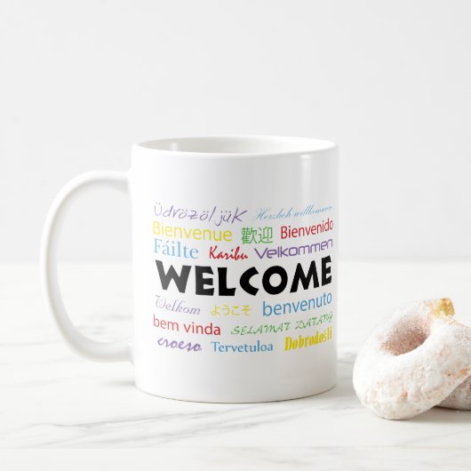 Mug Bienvenue Plusieurs Langues Blanc Coloré (Avec donut)