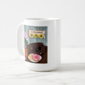 Mug Bienvenue, tournesols, beignets et café (Devant gauche)