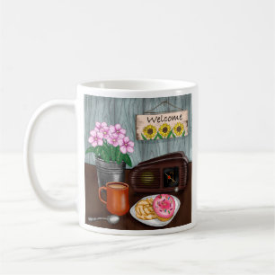 Mug Bienvenue, tournesols, beignets et café