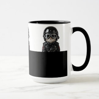 Mug Biker Cat, Katze mit Motorradkleidung und Helm