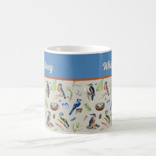 Mug Bird Pattern Kingfisher, Blue Jay, Woodpecker Name (Centre)