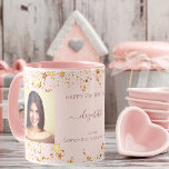 Mug Birthday custom photo rose gold friends luxury<br><div class="desc">A gift from friends for a woman's 21st (or any age) birthday. Personalize and 2 of your own photos, her name, age 21 and your names. Dark rose text. A chic feminine rose gold, pink background color. Her name is written with a modern hand lettered style script with swashes. Decorated...</div>