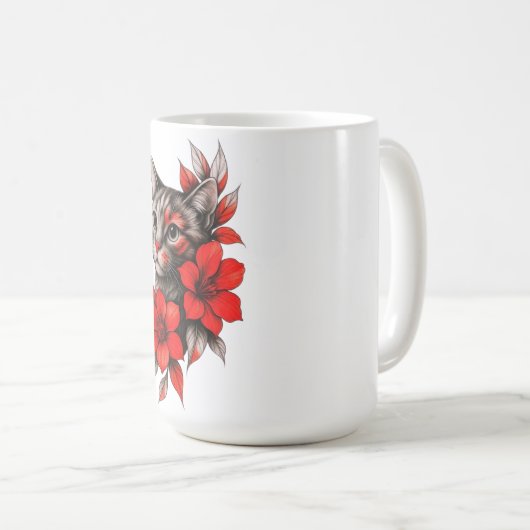 Mug Black and White Cat with Bright Red Blooms (Devant droit)