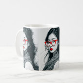 Mug Black Blanc Asiatique Portrait Lèvres Rouges Et Ve (Devant gauche)