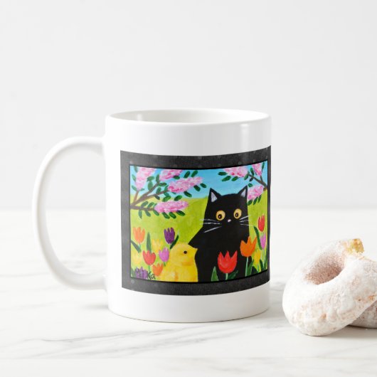 Mug Black Cat and Chick Cute Folk Art Cat Lover Gift (Avec donut)