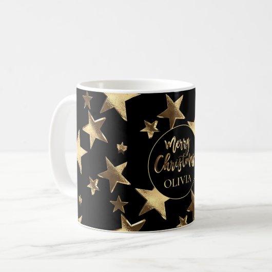 Mug Black Gold Stars Motif Ajouter un nom Joyeux Noël (Devant gauche)