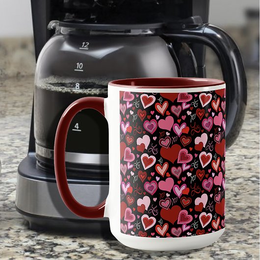 Mug Black Pink Red Hearts Love Pattern