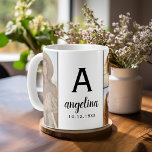 Mug Black White - 5 Photo Collage - Mod Monogramme<br><div class="desc">Personnalisez cette tasse d'anniversaire avec 5 photos, date de naissance et nom. Un design personnalisé de tasse d'anniversaire est un grand cadeau pour un ami ou juste célébrer "vous"! Ce modèle est entièrement personnalisable. Vous pouvez également déplacer les éléments et changer les couleurs des éléments. Faites-le personnellement lorsque vous allez...</div>