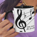 Mug Black & White Custom Text Music Enseignant/Étudian<br><div class="desc">Ajoutez un message personnalisé et un nom à cette tasse moderne et élégante en noir et blanc avec des notes musicales pour créer un grand cadeau pour un instrument de musique ou un enseignant de chant ou un étudiant.</div>