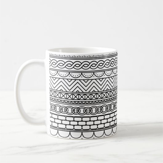 Mug Black & White Geometric Border Sampler Pattern (Gauche)
