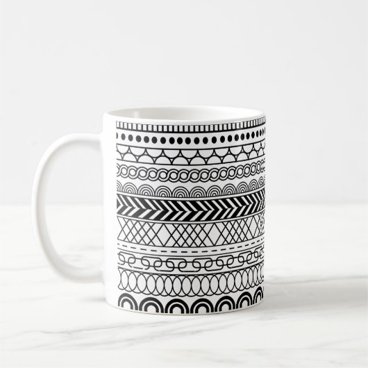 Mug Black & White Geometric Border Sampler Pattern (Gauche)