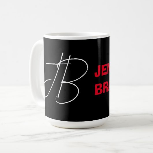 Mug Black White Red Handwriting Monogramme Ajouter un  (Devant gauche)