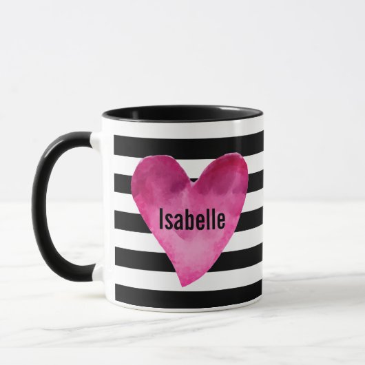 Mug Black + White Stripes Aquarelle Coeur VOTRE NOM (Gauche)
