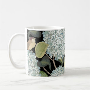 Mug Blanc, bleu clair Hortensia avec feuilles verts et
