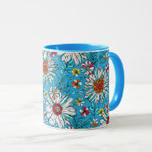 Mug Blanc Bleu Jaune Orange Rouge Fleurs de marais Mot (Devant droit)