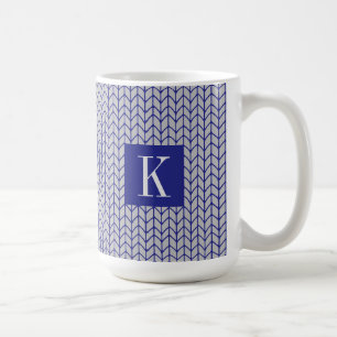 Mug Blanc Grand Taille en Tricot Gris Bleu + Initi