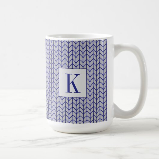 Mug Blanc Grand Tissu Tricot BLEU GRIS + Initiale (Droite)