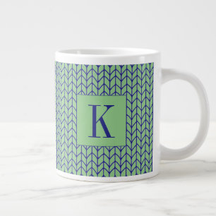 Mug Blanc Grand Tricot BLEU VERT + Initiale