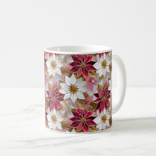 Mug Blanc Or Bourgogne rose Poinsettias de Noël (Devant droit)