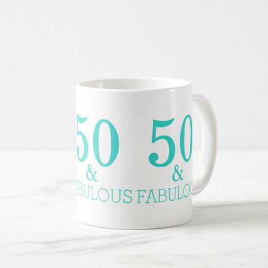 Mug Blanc Turquoise 50 Et Fabuleuse fête d'anniversair (Devant droit)