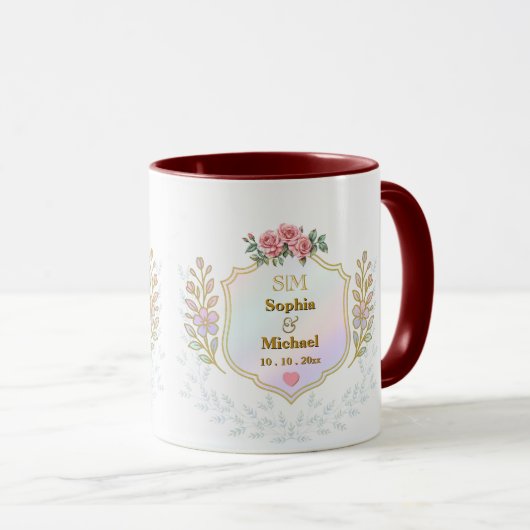 Mug Blason Floral Élégant avec Monogramme à Initiales  (Devant droit)