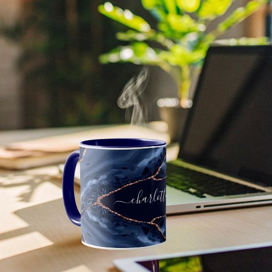 Mug Bleu agate marbre rose or nom script
